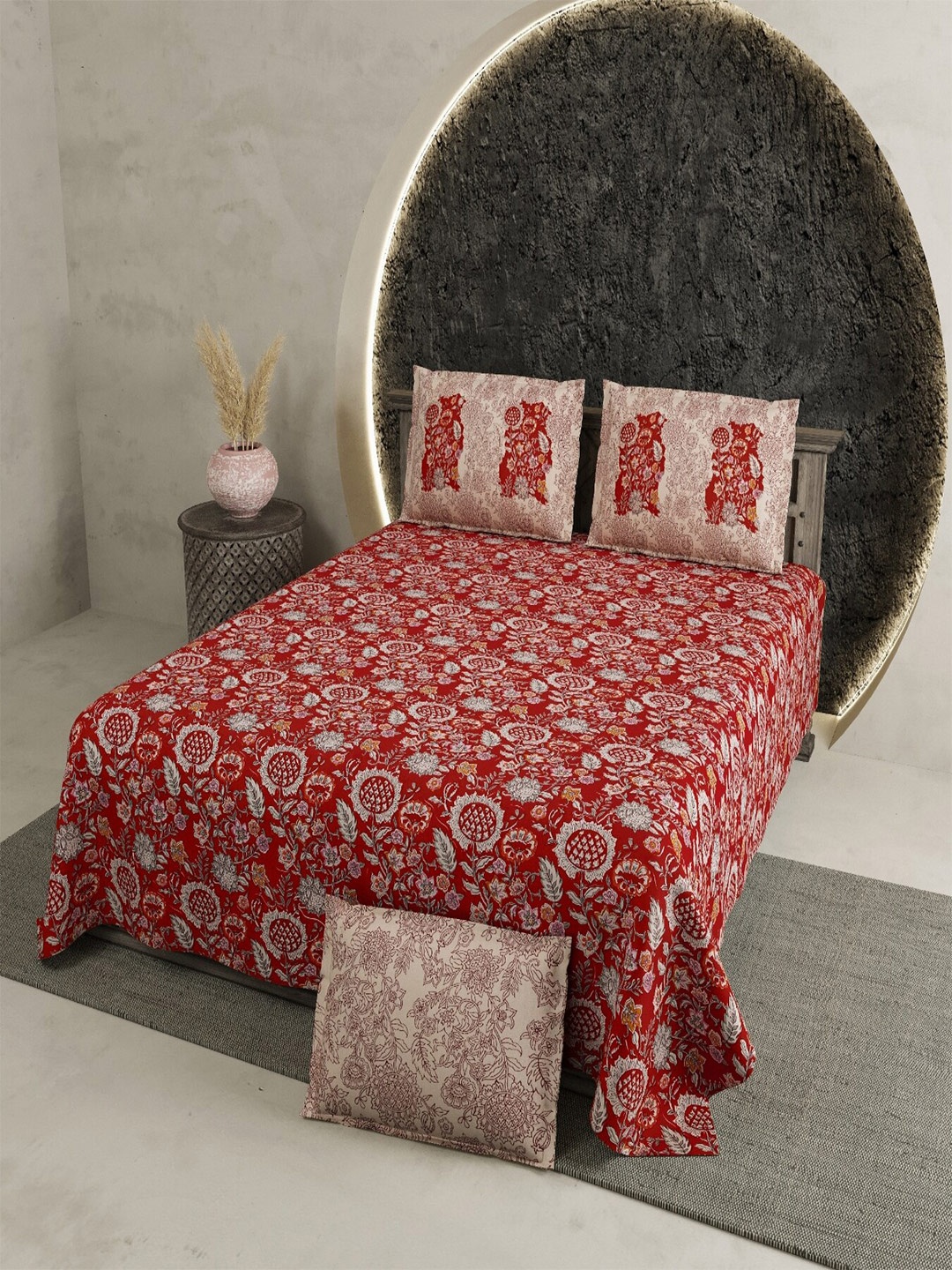

JAIPUR PRIME Red & Peach Floral Cotton 210 TC Super King Bedsheet & 2 Pillow Covers