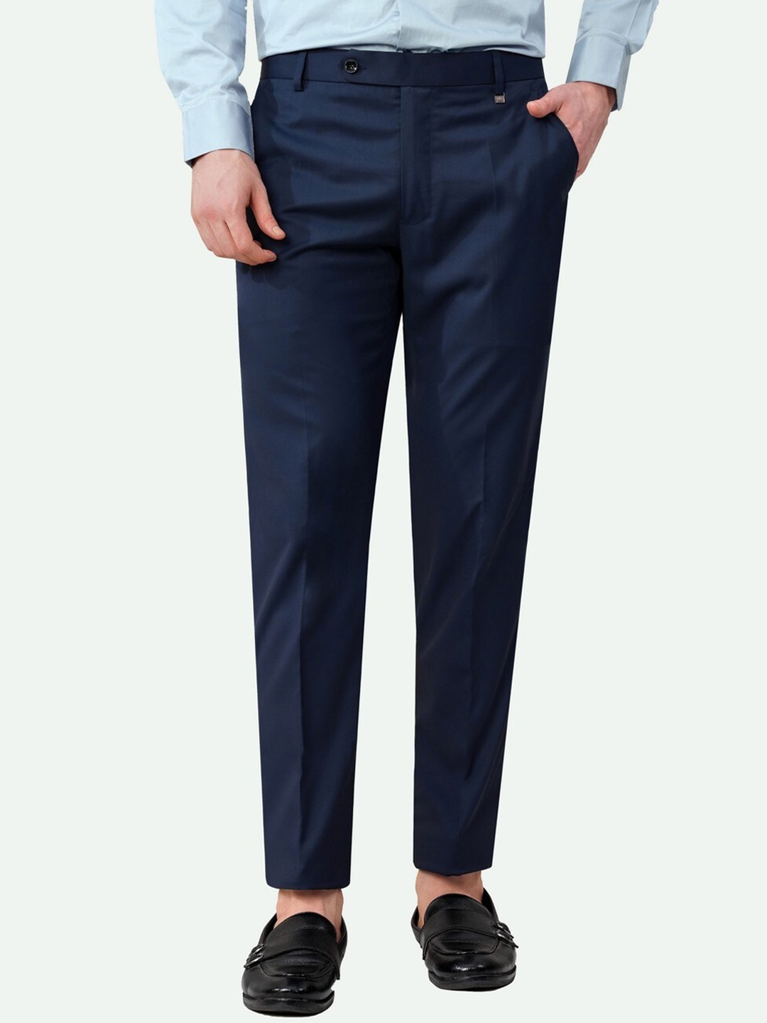 

FRENCH CROWN Men Tailored Fit Mid Rise Wool Formal Trousers, Blue