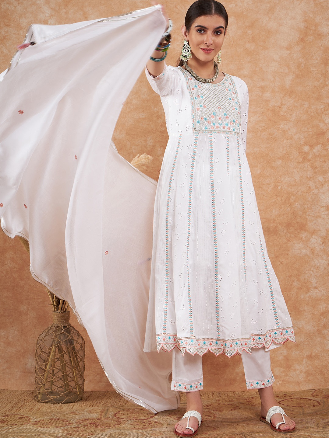 

all about you White Ethnic Motifs Embroidered Schiffli Pure Cotton Anarkali Kurta Set