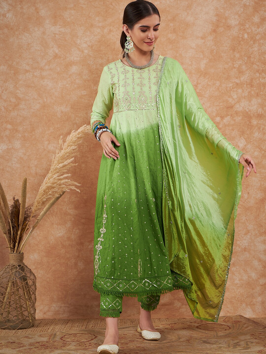 

all about you Green Ethnic Motifs Embroidered Schiffli Pure Cotton Anarkali Kurta Set
