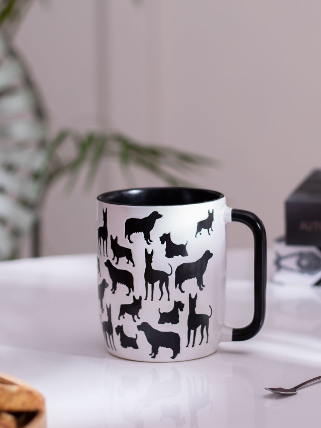 

THEDECORKART White & Black Printed Ceramic Glossy Mug 300 ml