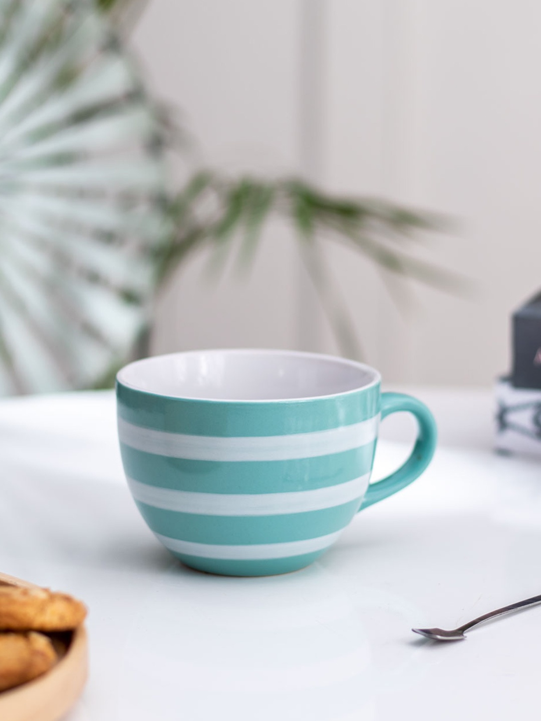

THEDECORKART Blue & White Striped Ceramic Glossy Cup 300 ML