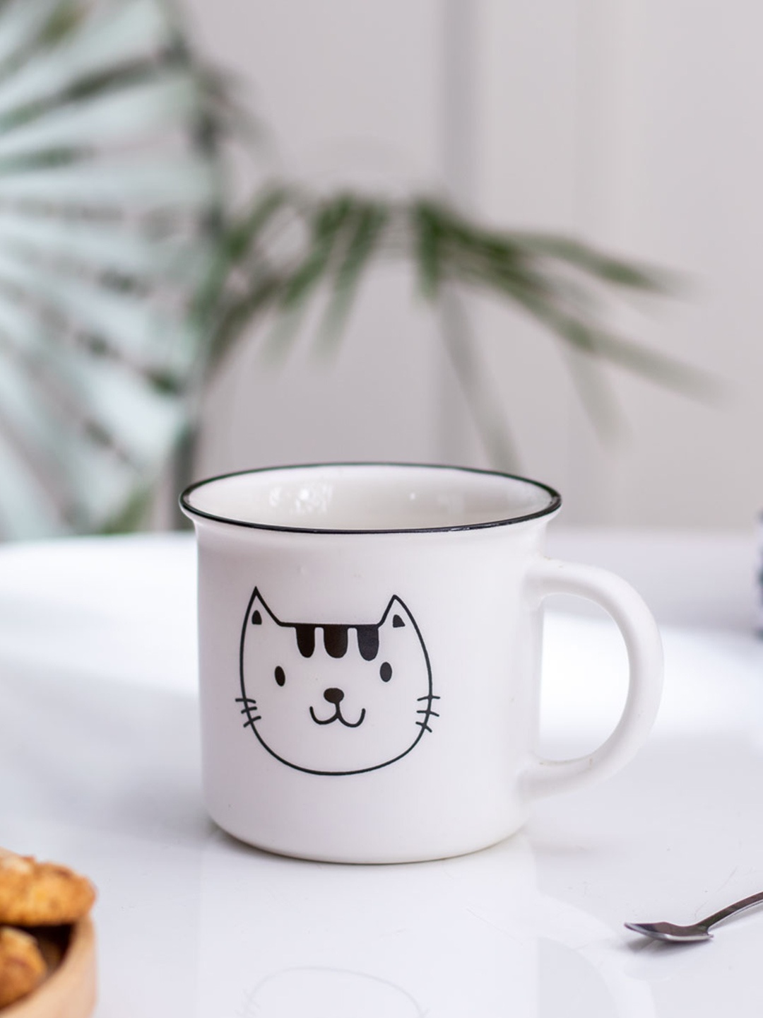

THEDECORKART White & Black Printed Ceramic Matte Mug 300 ml