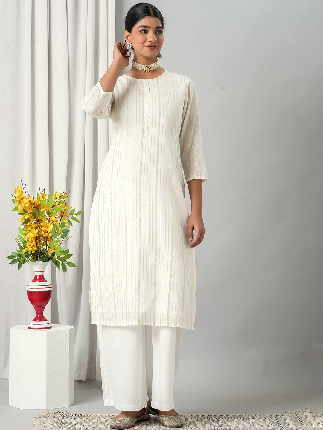 

HERE&NOW Striped Regular Pure Cotton Kurta with Trouser, Off white