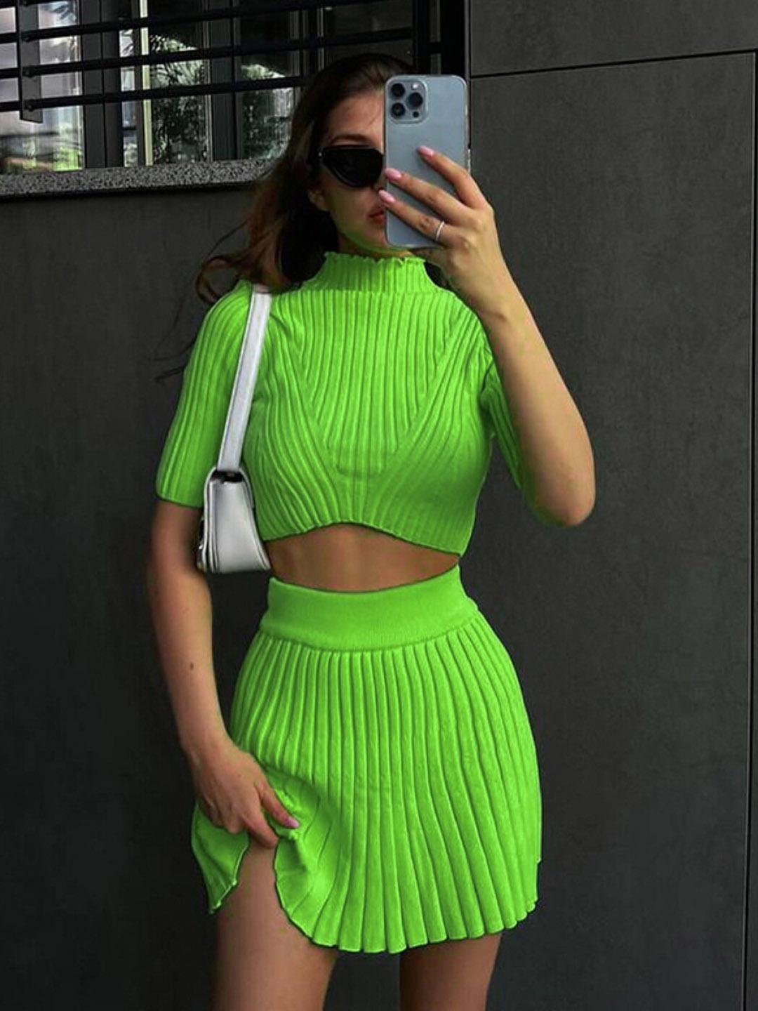 

StyleCast Green Self Design Top & Skirt