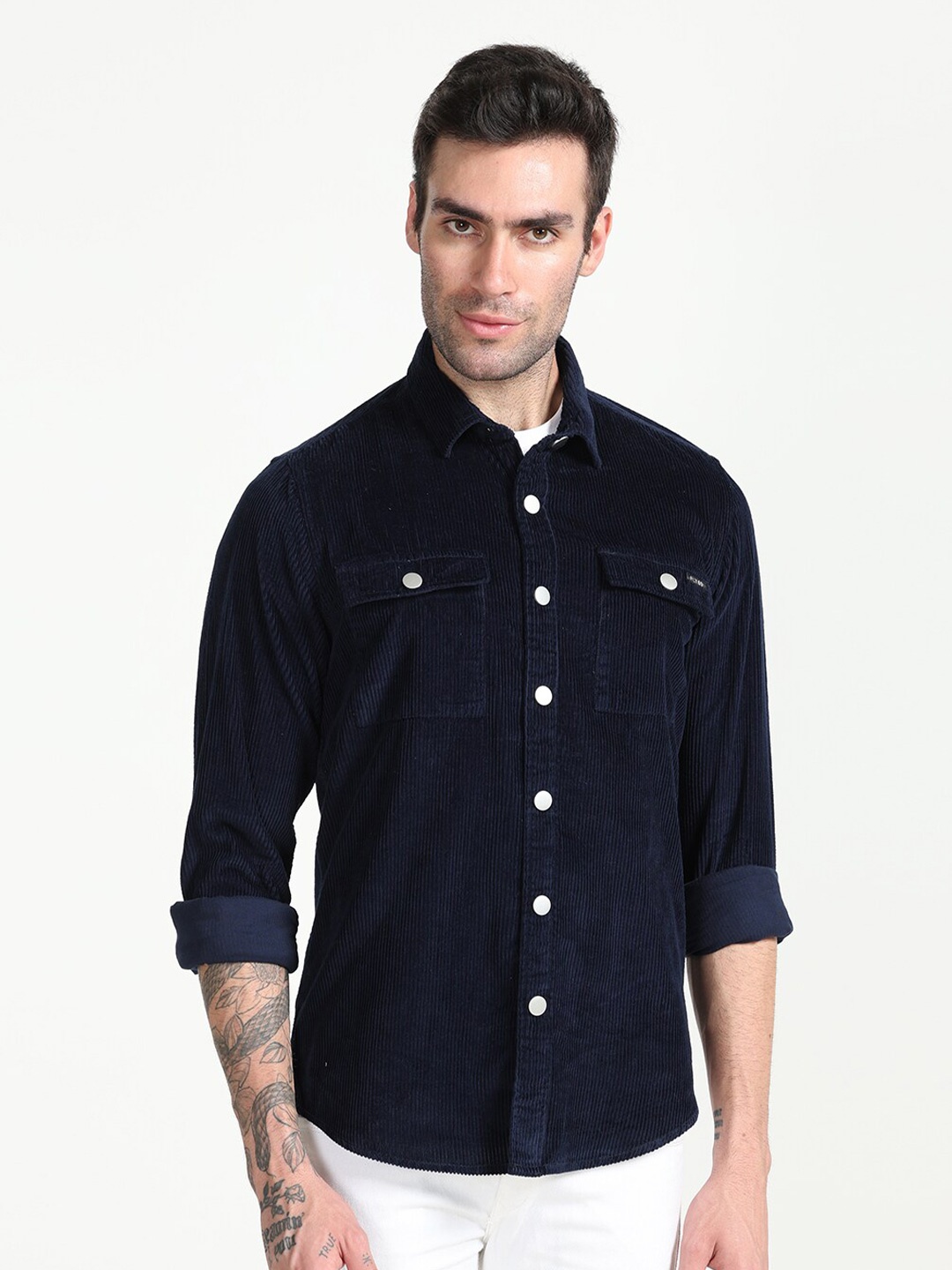 

FLY 69 Self Design Premium Slim Fit Opaque Corduroy Casual Shirt, Navy blue