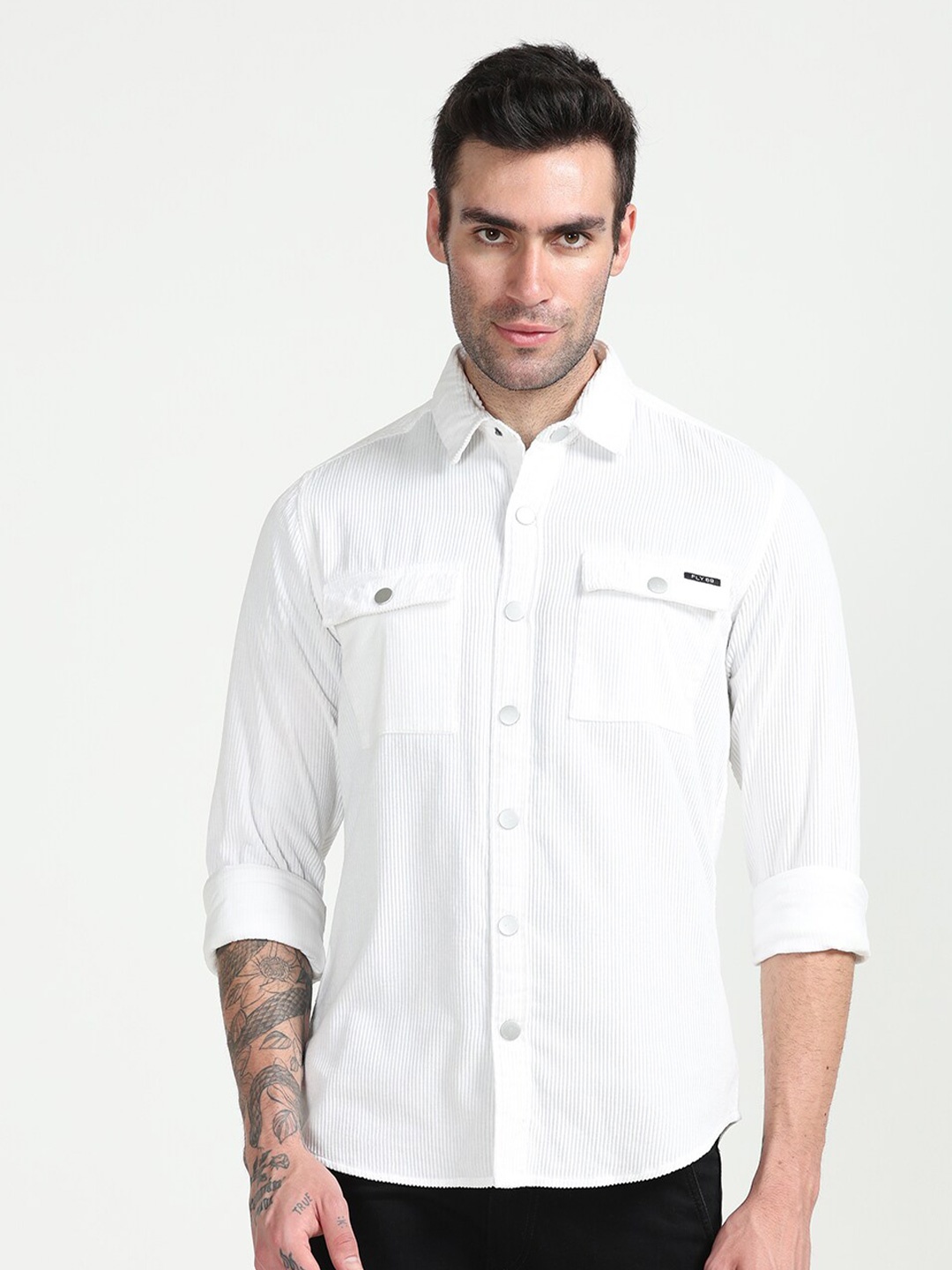 

FLY 69 Premium Slim Fit Opaque Casual Corduroy Shirt, White