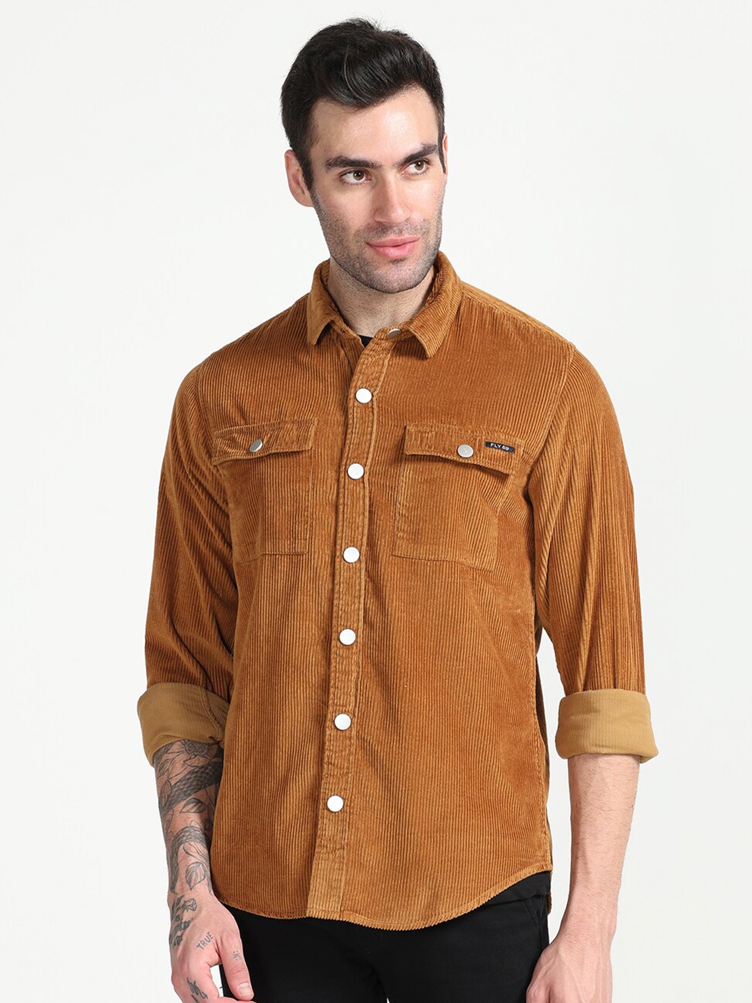 

FLY 69 Premium Slim Fit Spread Collar Corduroy Shackets, Brown