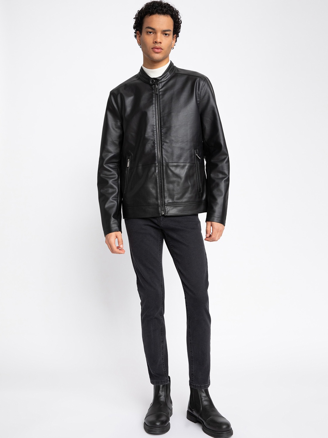 

DeFacto Printed Stand Collar Biker Jacket, Black