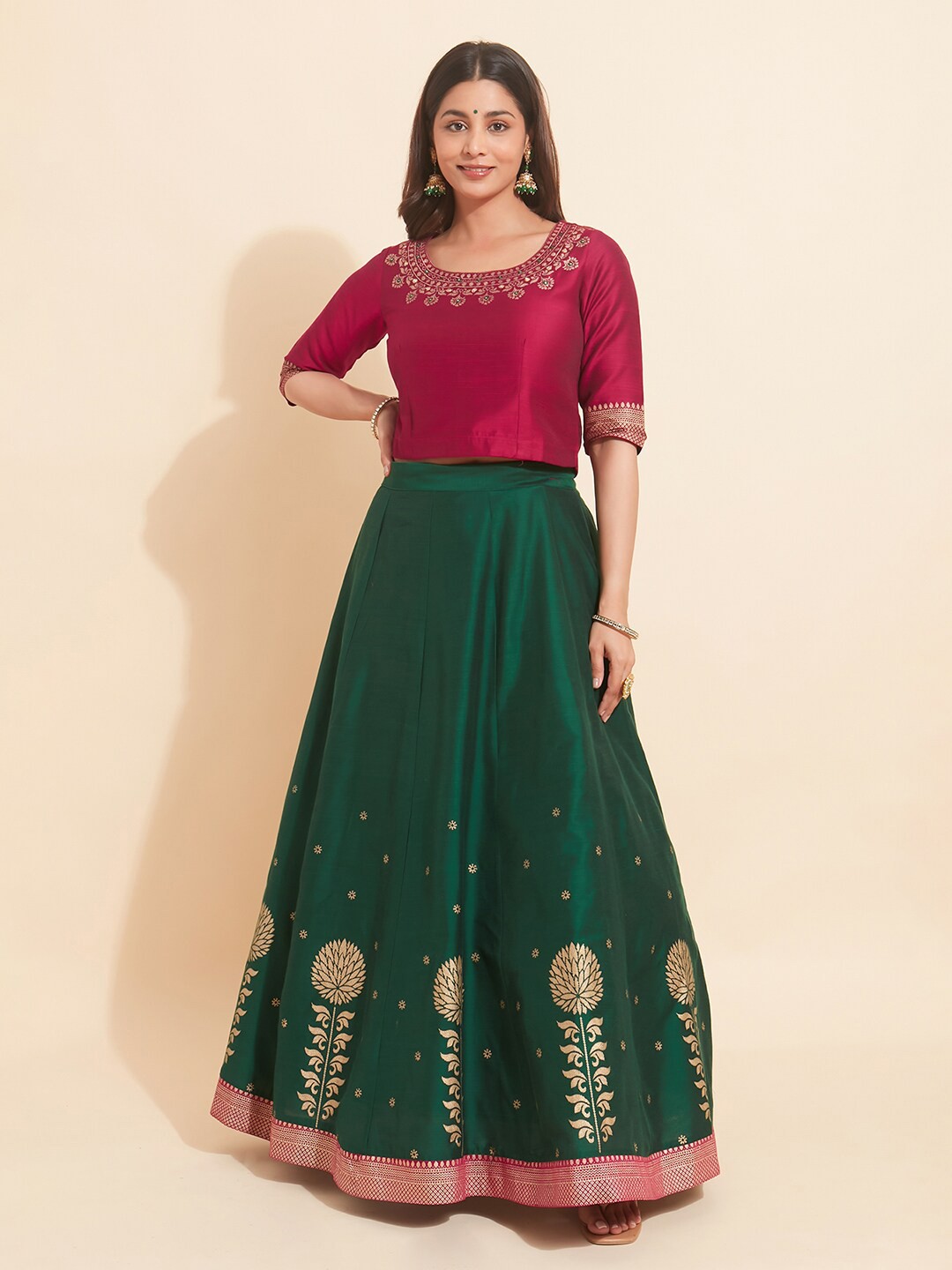 

Maybell Printed Silk Ready to Wear Lehenga Choli, Magenta