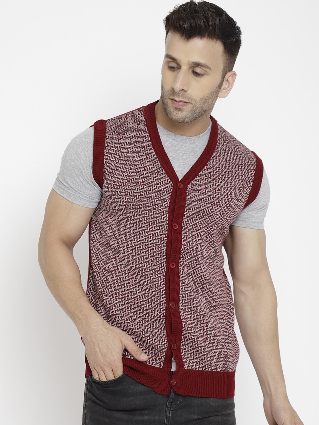 

CHKOKKO Self Design Woollen Sweater Vest, Maroon