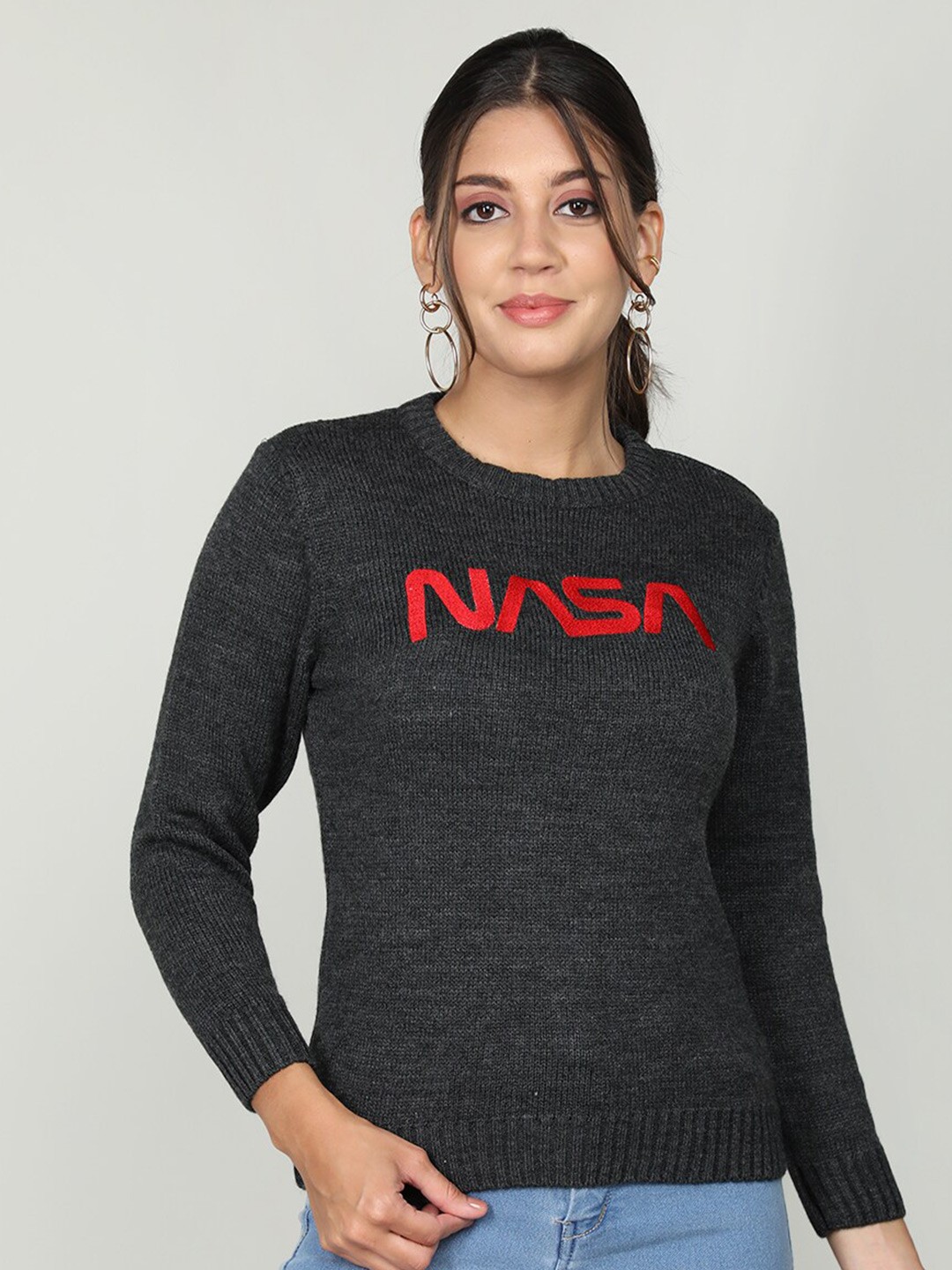 

CHKOKKO Typography Printed Woollen Sweater, Grey