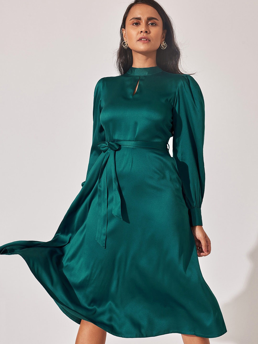 

The Label Life High Neck Bishop Sleeves Satin A-Line Midi Dress, Teal