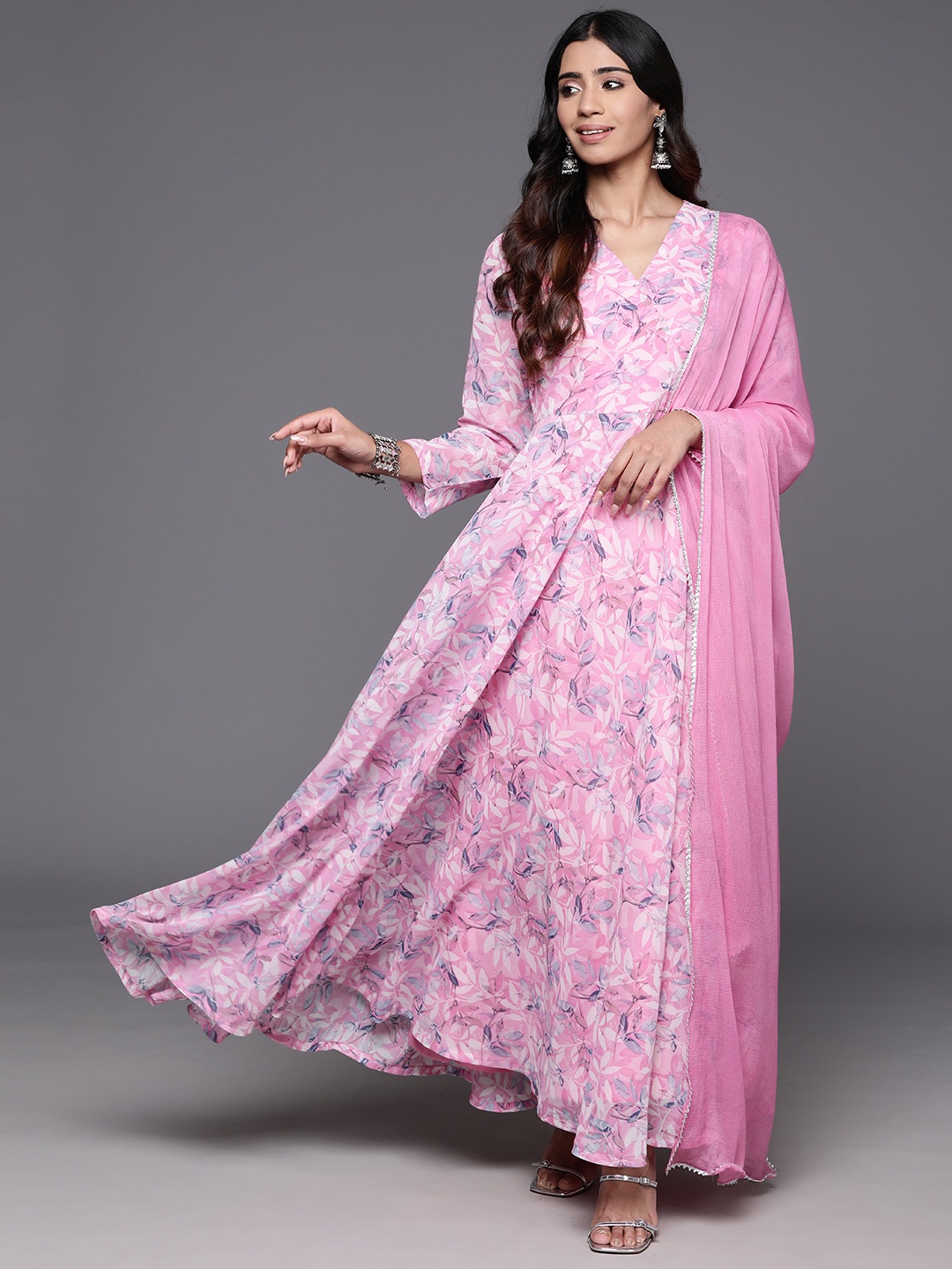 

Varanga Floral Printed Georgette Anarkali Kurta with Dupatta, Pink