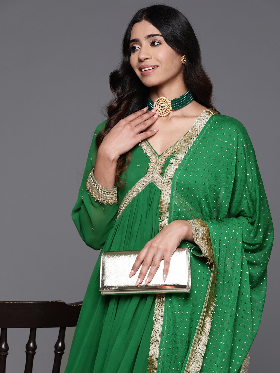 

Varanga Embellished Sequinned Georgette Anarkali Kurta with Dupatta, Green