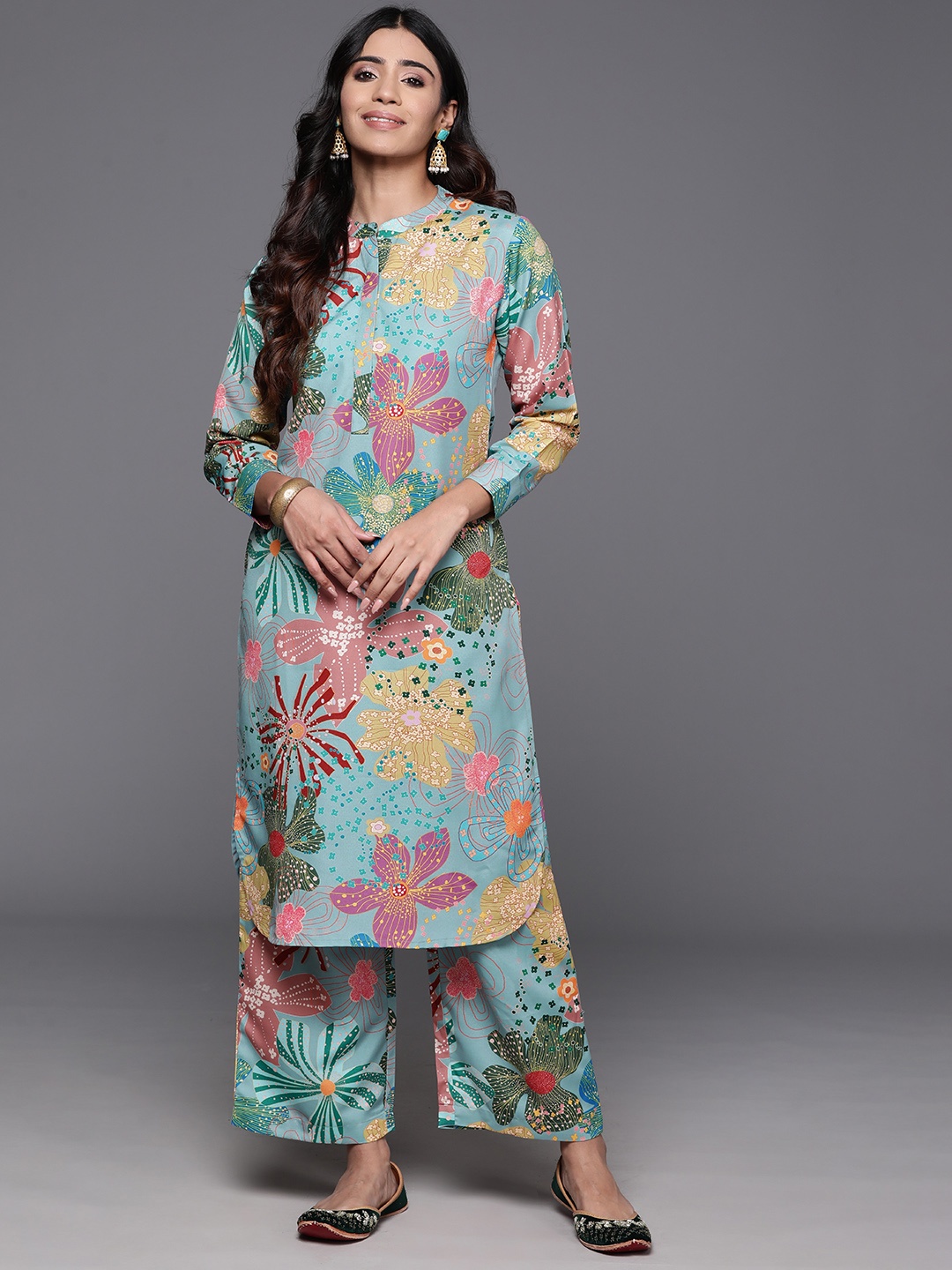 

Varanga Floral Printed Regular Kurta with Trousers, Sea green