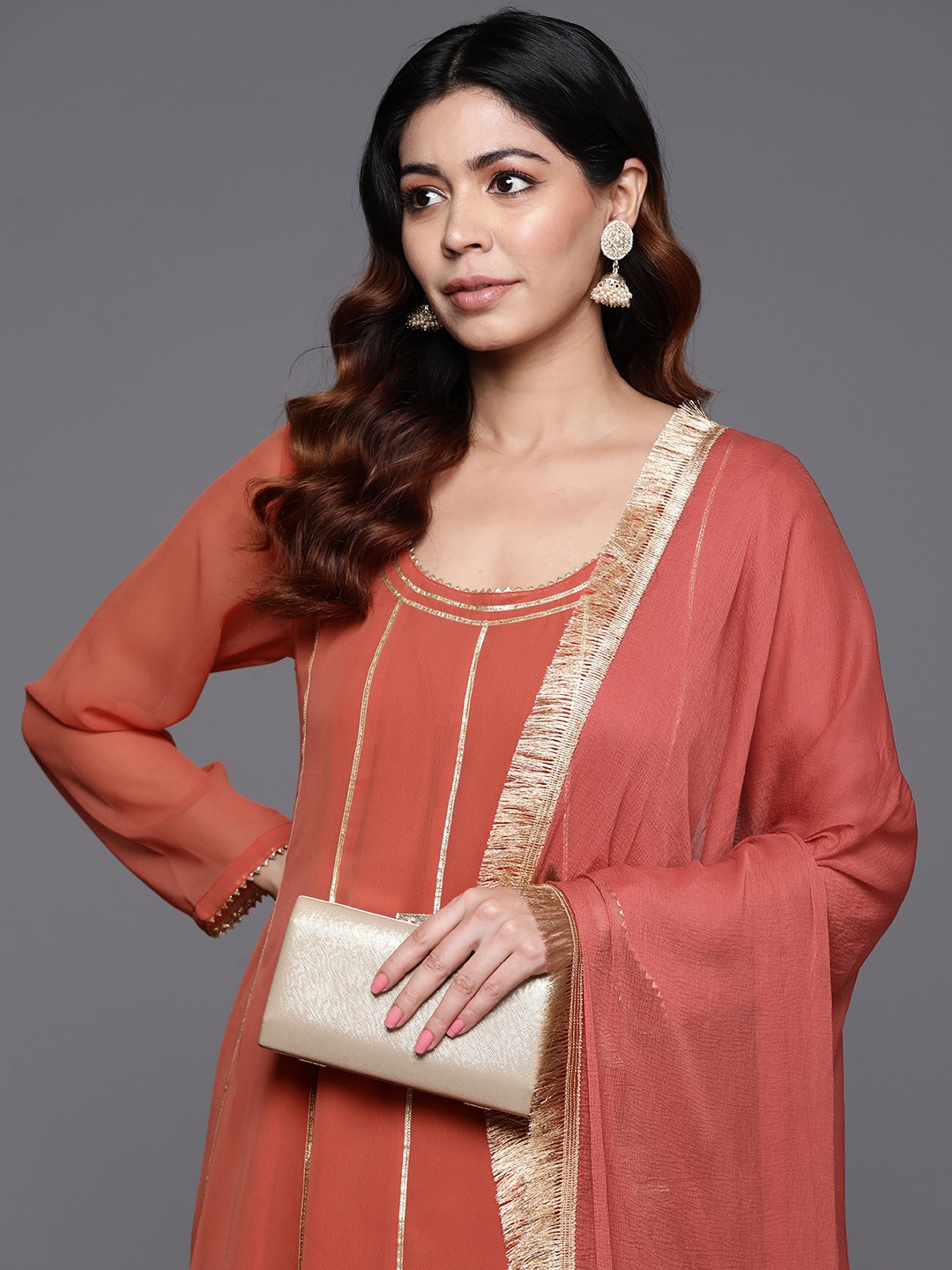 

Varanga Embellished Gotta Patti Georgette Anarkali Kurta with Dupatta, Rust