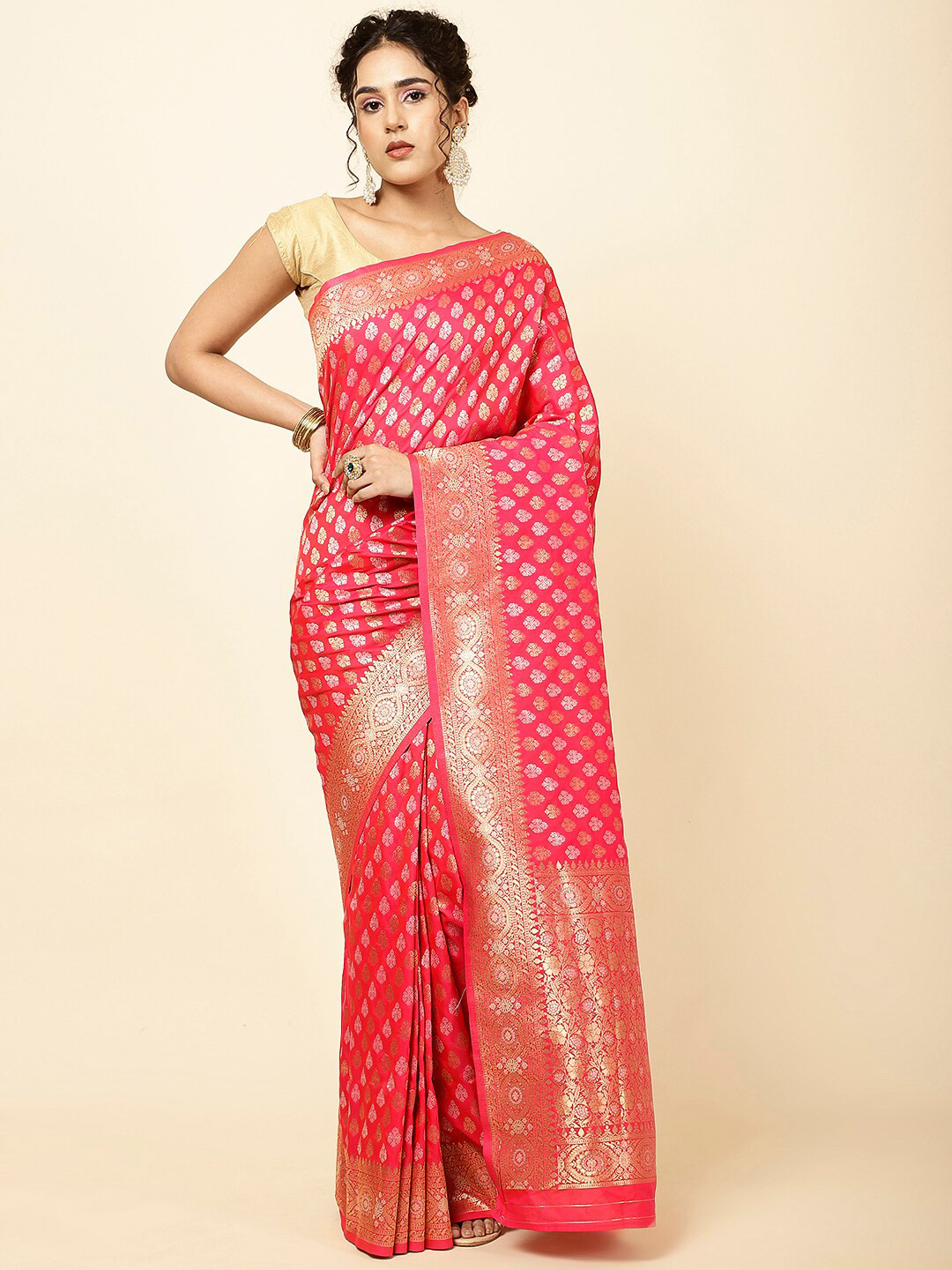 

Meena Bazaar Woven Design Zari Sarees, Pink