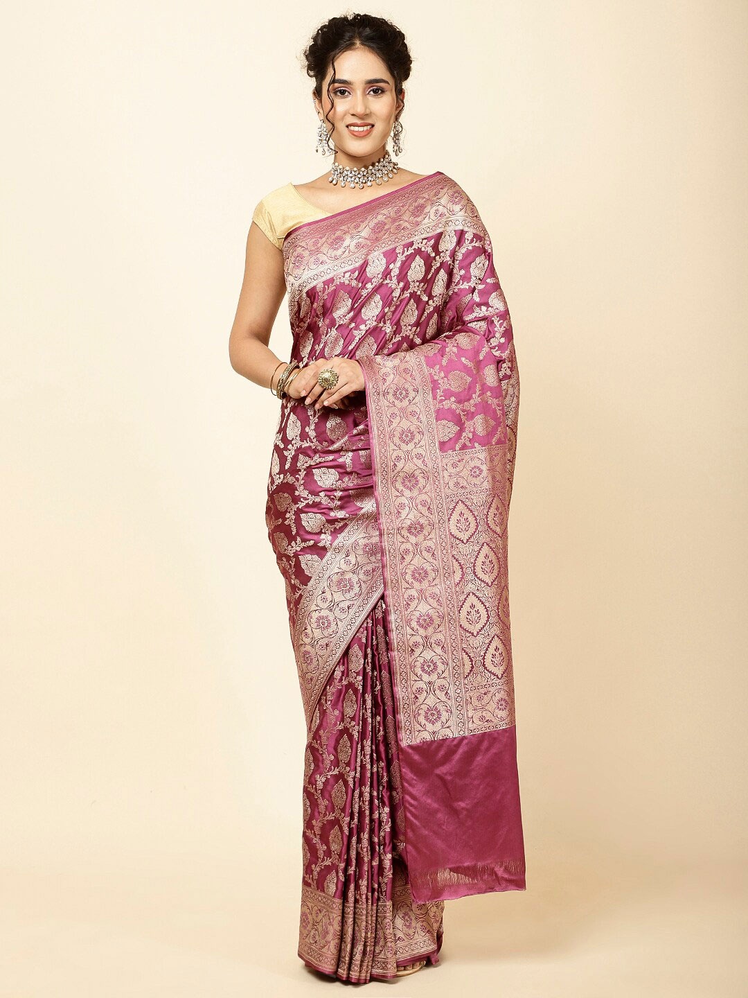 

Meena Bazaar Ethnic Motifs Woven Design Zari Detail Sarees, Purple