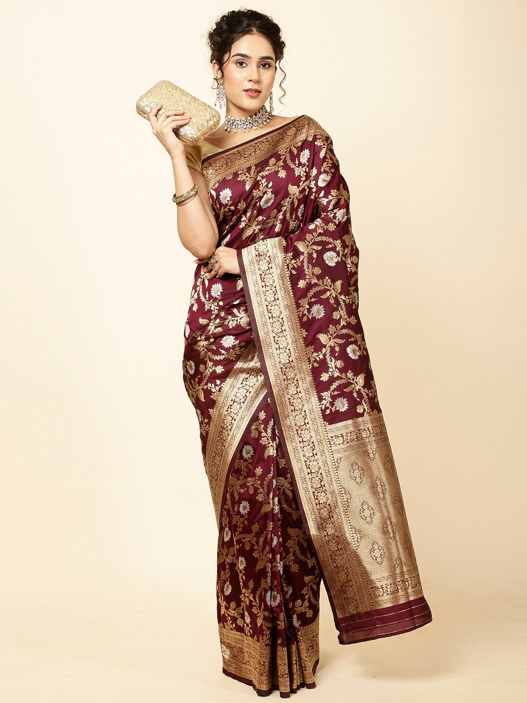 

Meena Bazaar Ethnic Motifs Woven Design Art Silk Banarasi Sarees, Burgundy