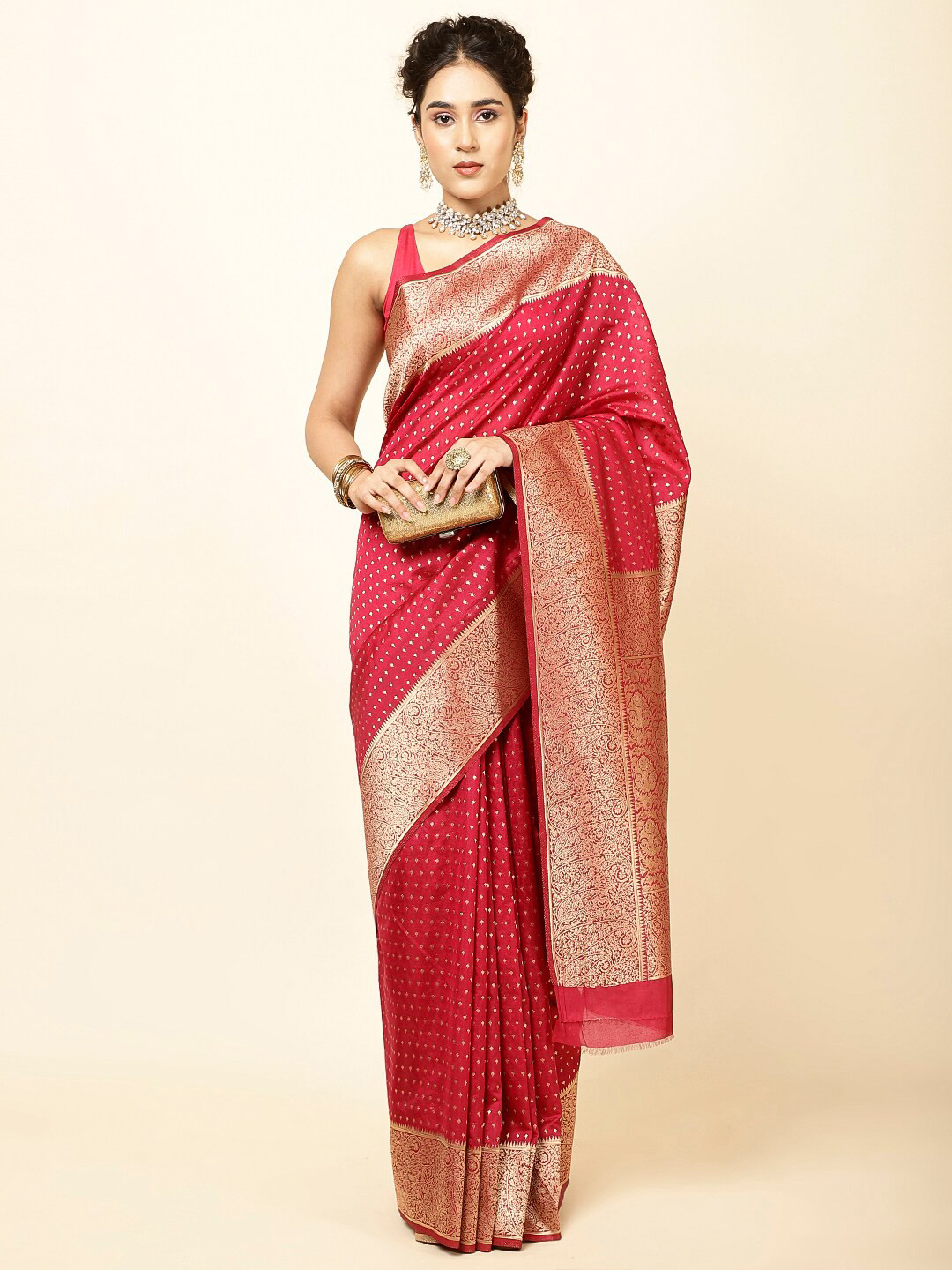 

Meena Bazaar Geometric Woven Design Zari Sarees, Red
