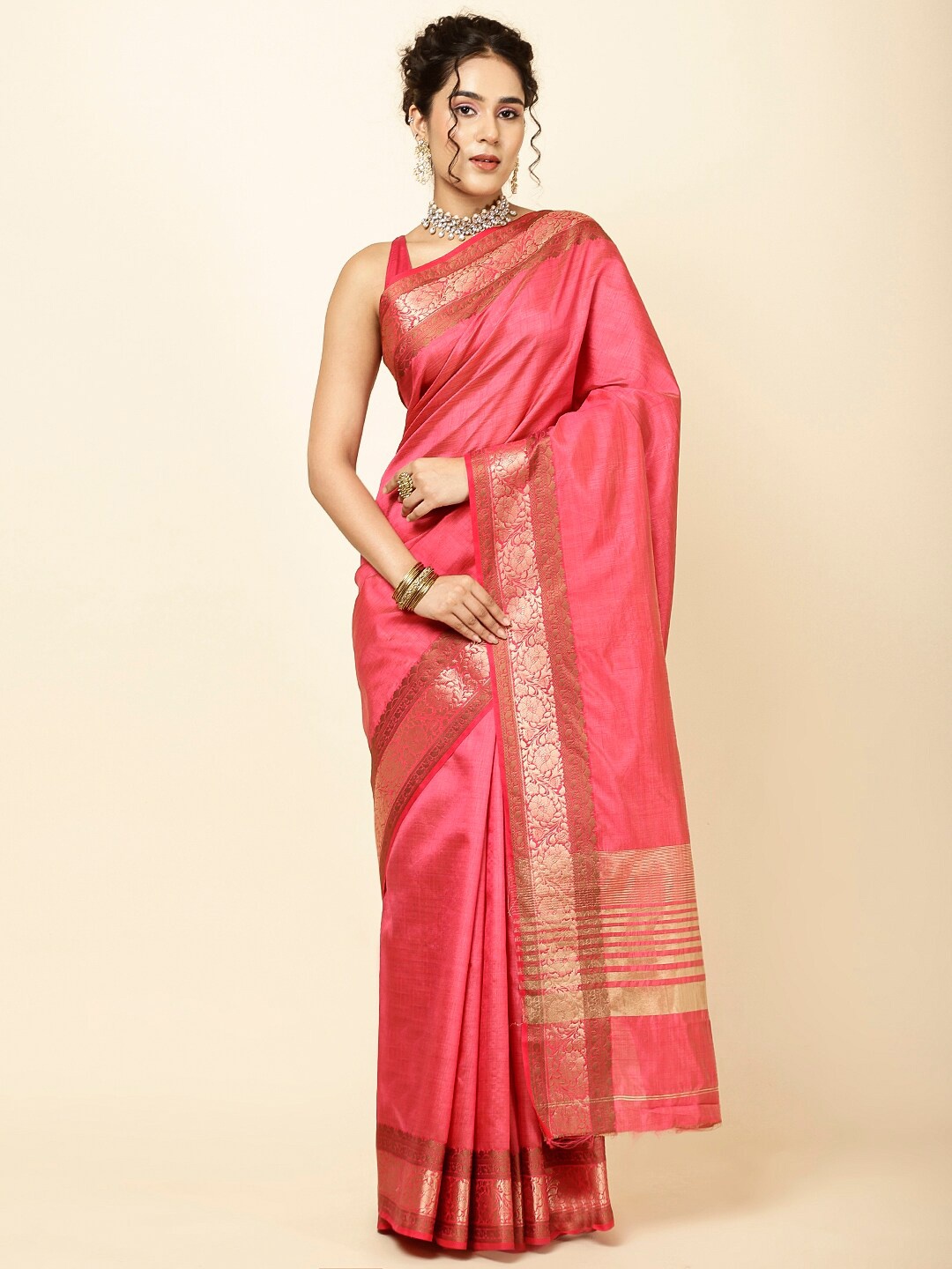 

Meena Bazaar Woven Design Border Detail Zari Sarees, Pink