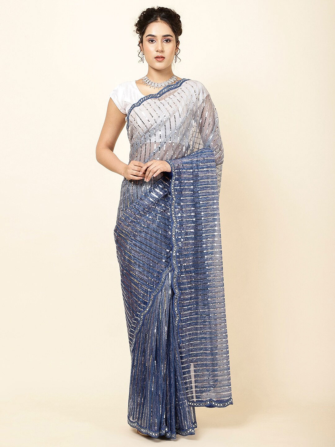 

Meena Bazaar Embellished Embroidered Detail Sarees, Blue