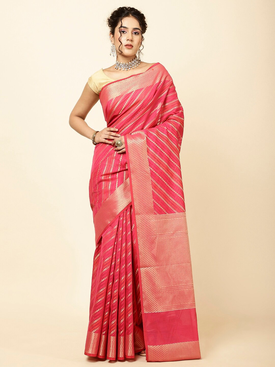 

Meena Bazaar Striped Woven Design Zari Sarees, Pink