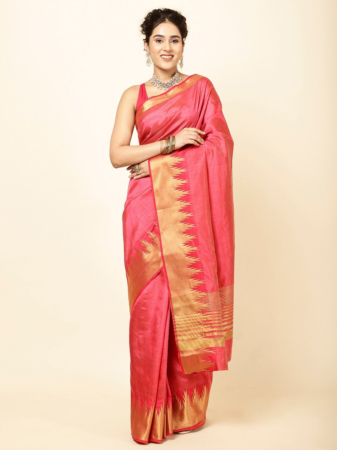 

Meena Bazaar Zari Detail Sarees, Pink