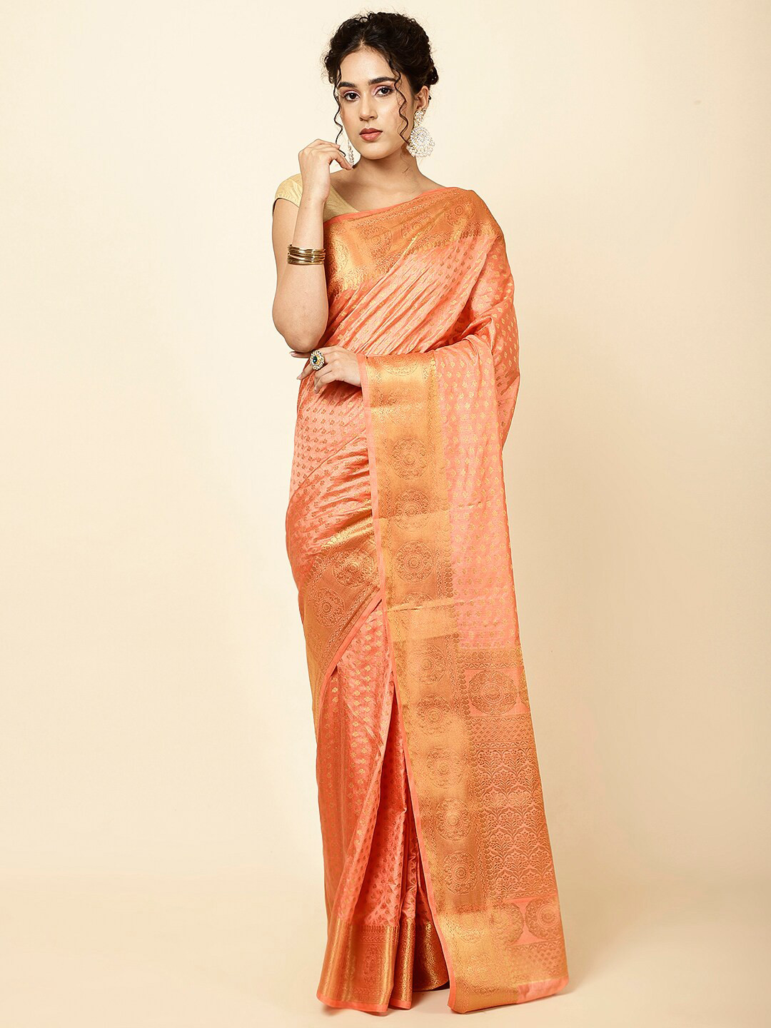 

Meena Bazaar Ethnic Motif Woven Design Zari Sarees, Peach