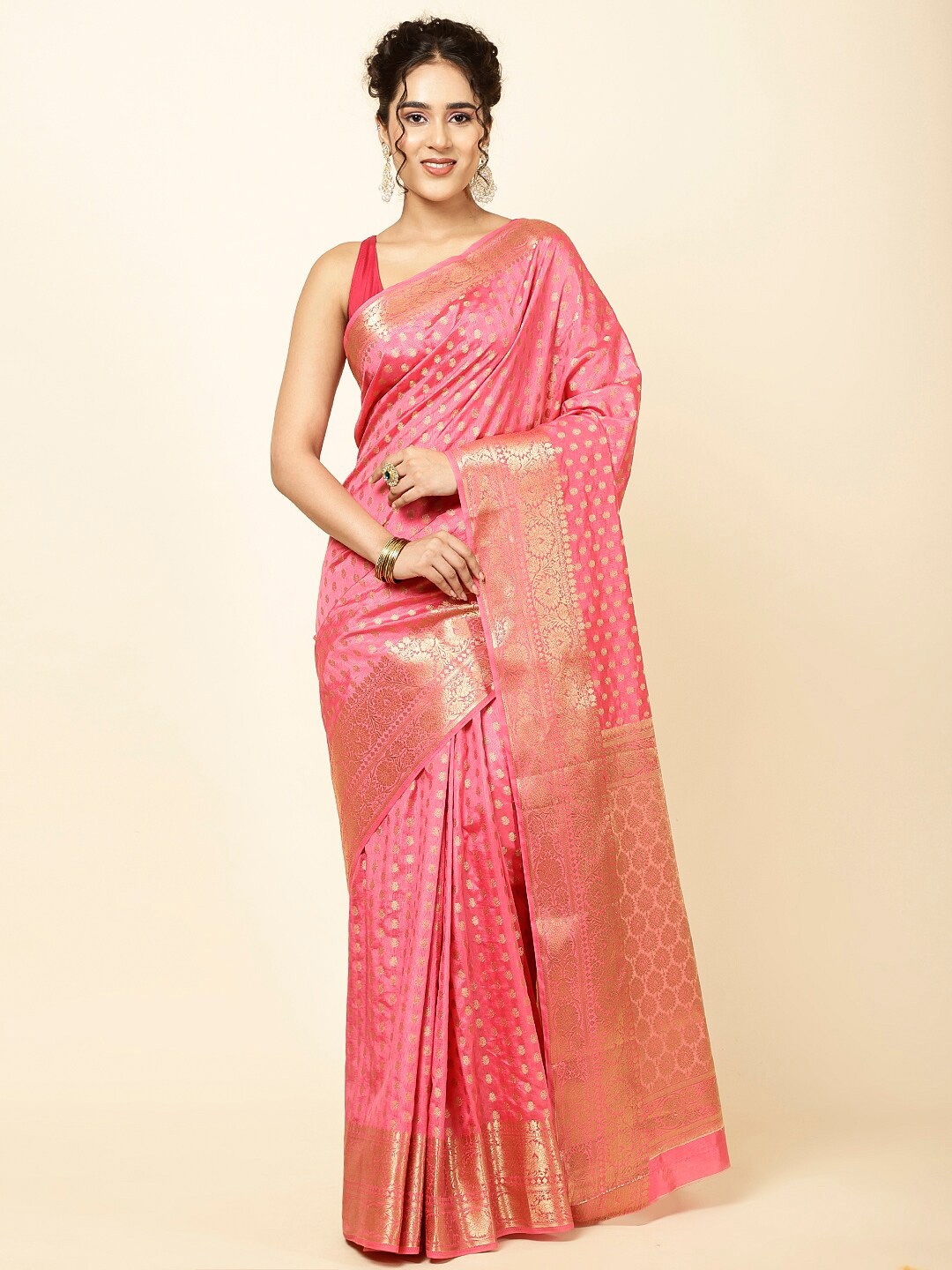 

Meena Bazaar Ethnic Motifs Woven Design Zari Sarees, Pink