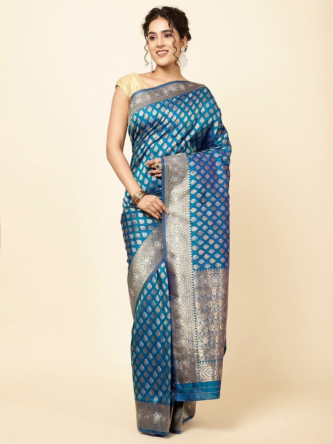 

Meena Bazaar Ethnic Motifs Woven Design Zari Banarasi Sarees, Blue