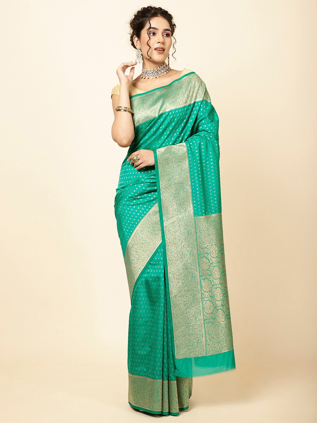 

Meena Bazaar Ethnic Motifs Woven Design Art Silk Sarees, Green