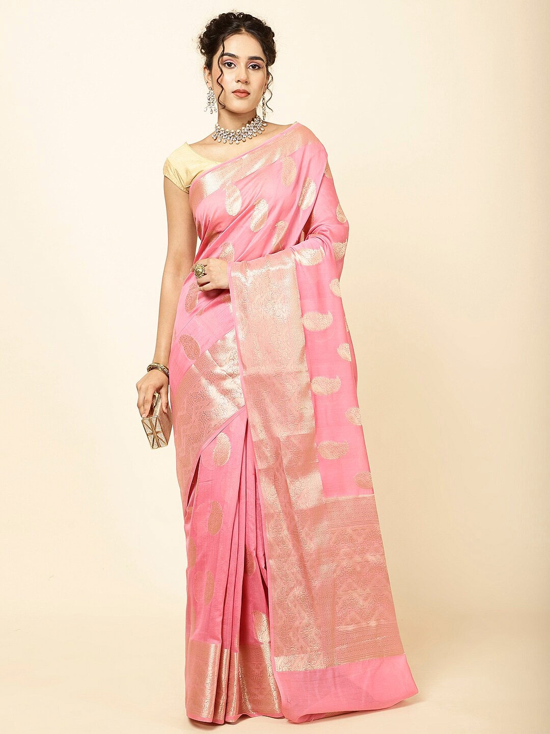 

Meena Bazaar Ethnic Motifs Woven Design Zari Sarees, Pink
