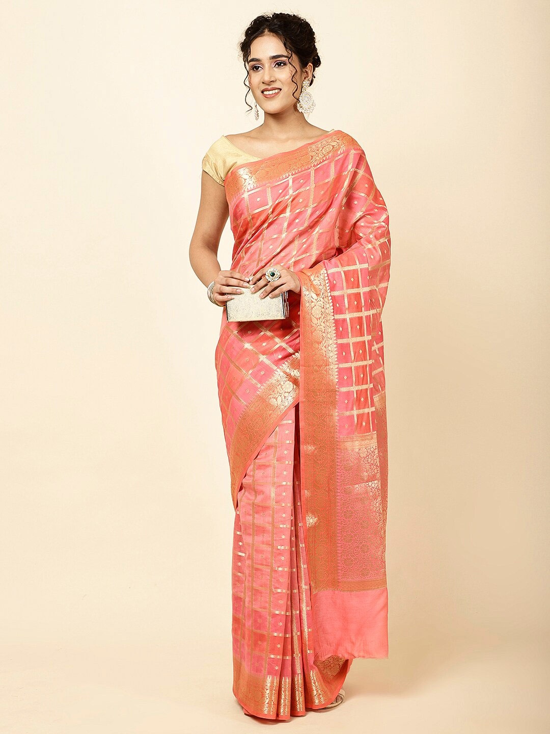 

Meena Bazaar Geometric Woven Design Zari Sarees, Pink