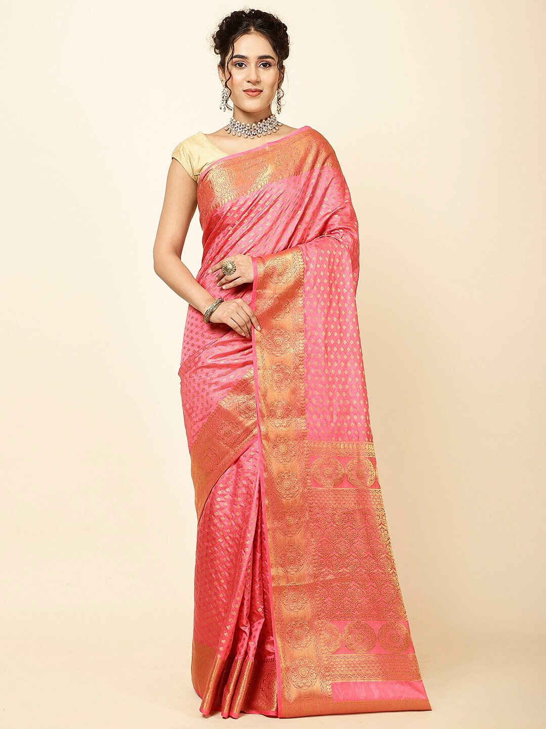 

Meena Bazaar Ethnic Motifs Woven Design Art Silk Sarees, Pink