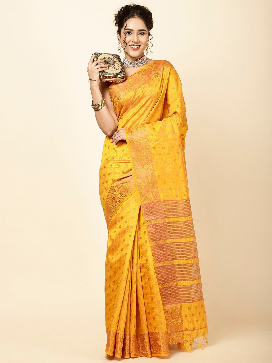 

Meena Bazaar Ethnic Motifs Woven Design Zari Sarees, Mustard