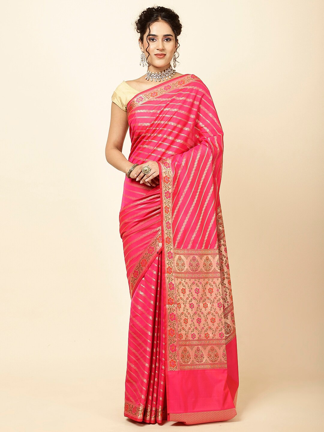 

Meena Bazaar Striped Woven Design Zari Sarees, Pink