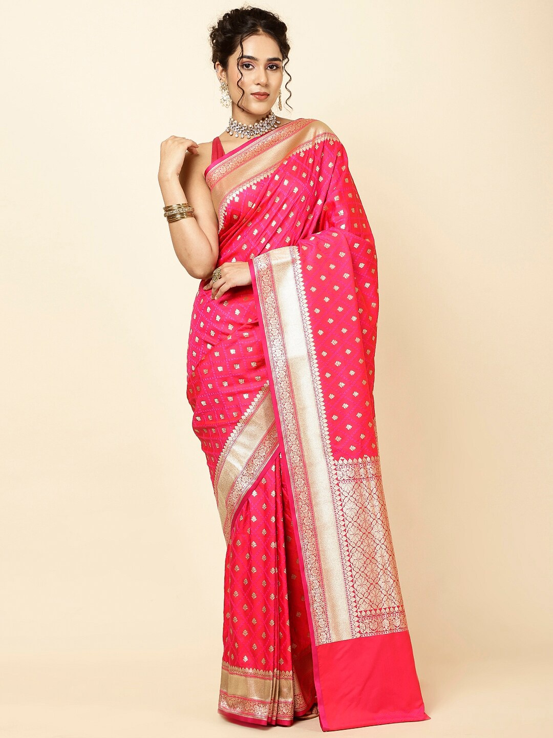 

Meena Bazaar Woven Design Zari Sarees, Pink