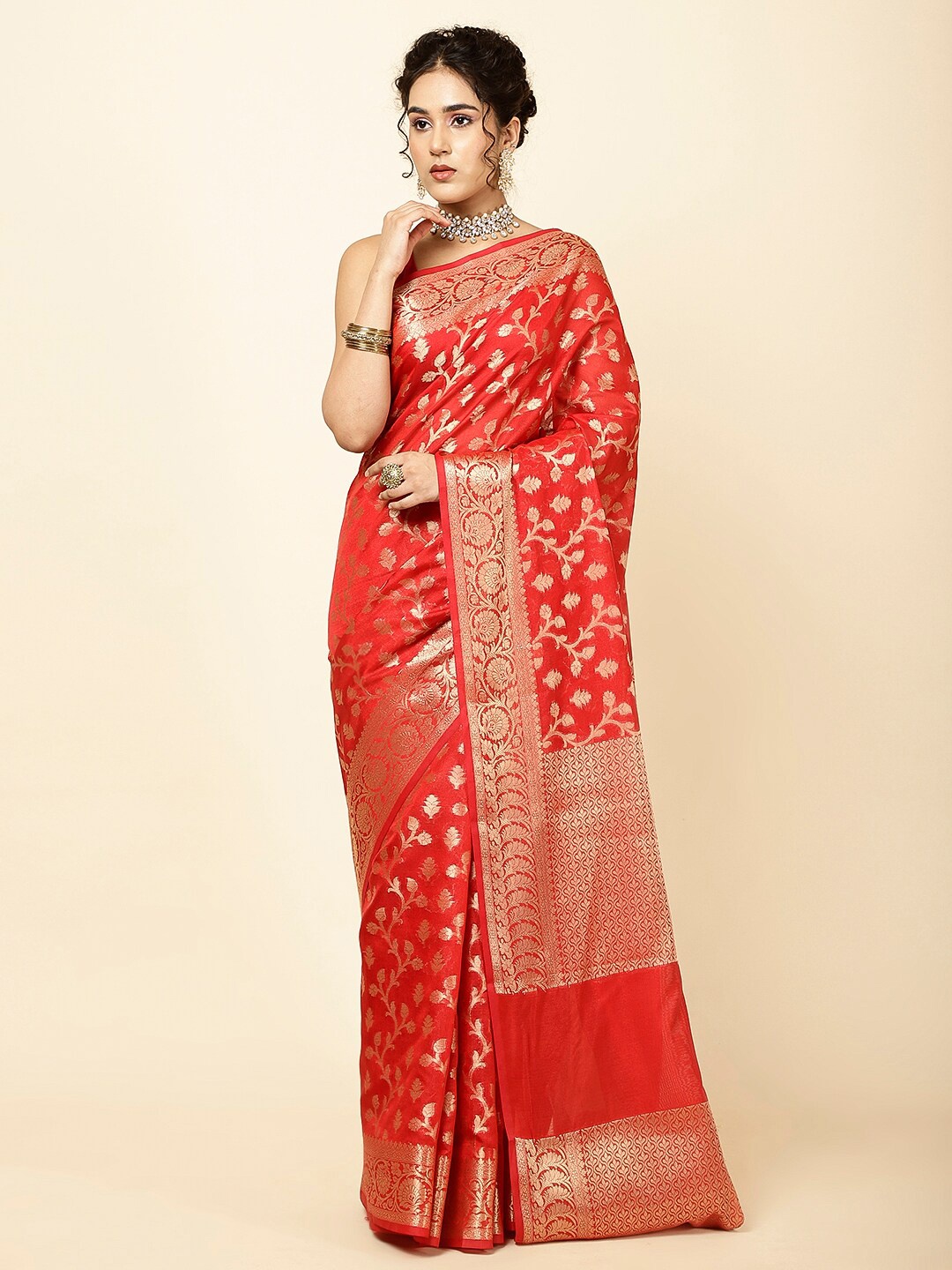 

Meena Bazaar Ethnic Motifs Woven Design Zari Detail Sarees, Red