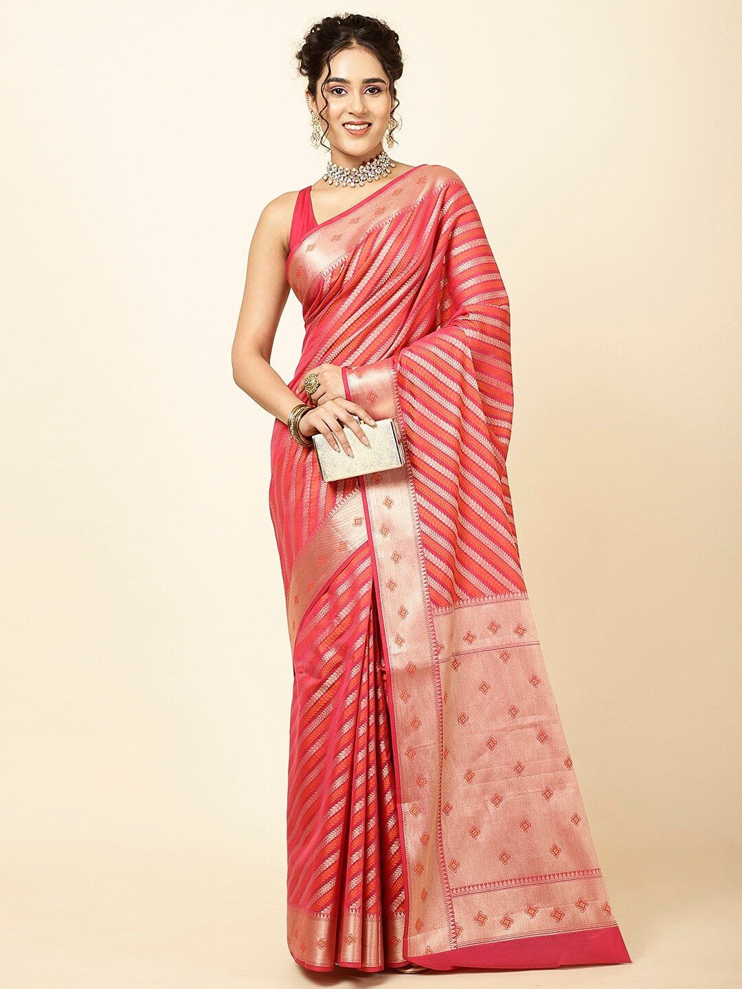 

Meena Bazaar Ethnic Motifs Woven Design Zari Detail Sarees, Pink