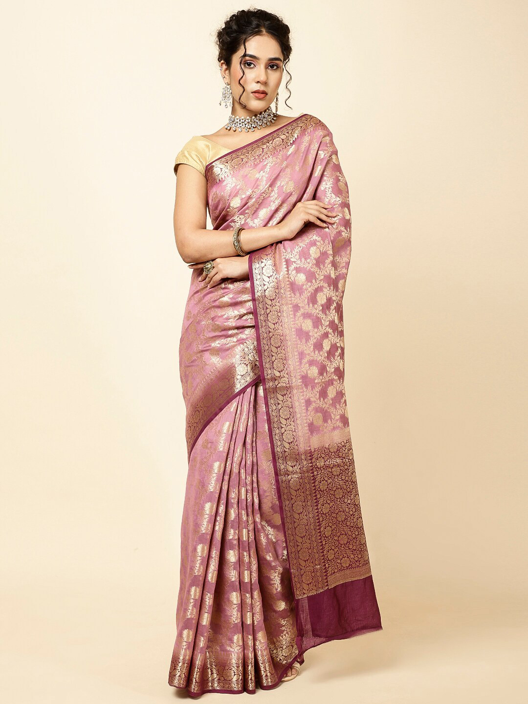 

Meena Bazaar Ethnic Motif Woven Design Zari Sarees, Purple