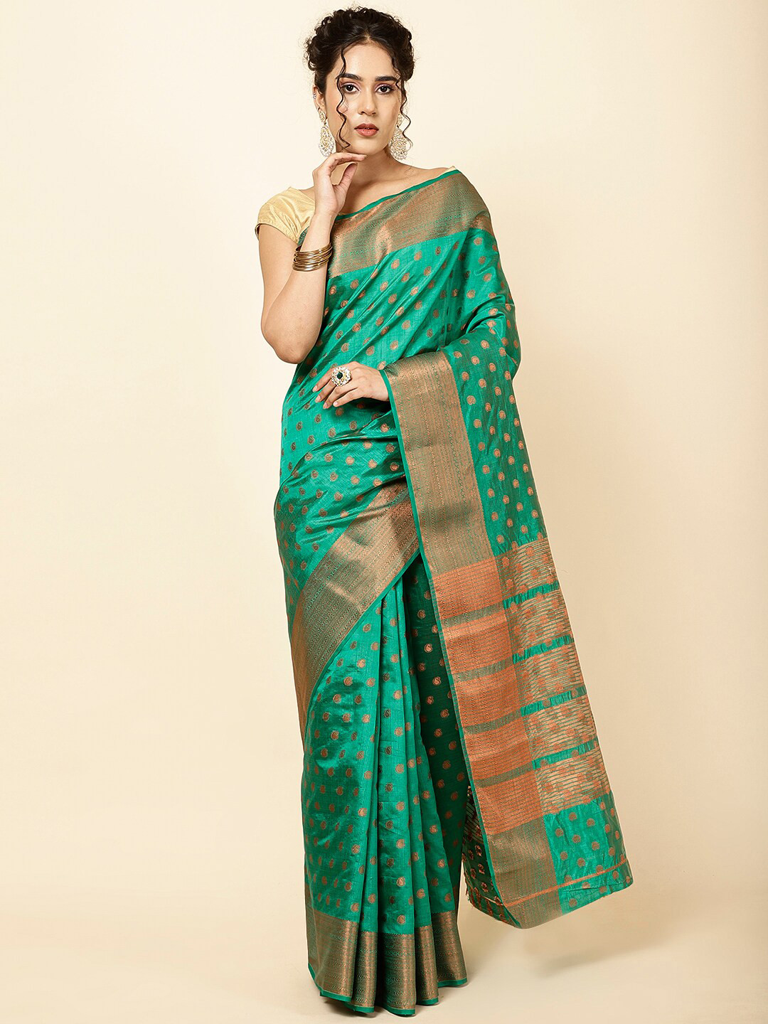 

Meena Bazaar Paisley Woven Design Zari Detail Sarees, Green