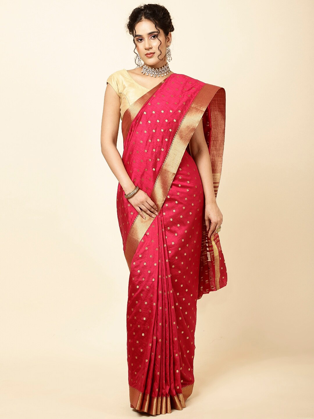 

Meena Bazaar Ethnic Motif Woven Design Zari Sarees, Red