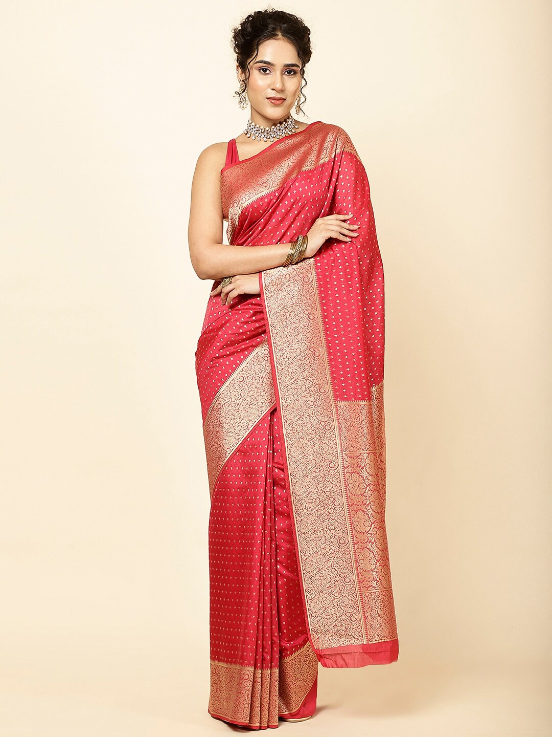 

Meena Bazaar Woven Design Zari Sarees, Pink