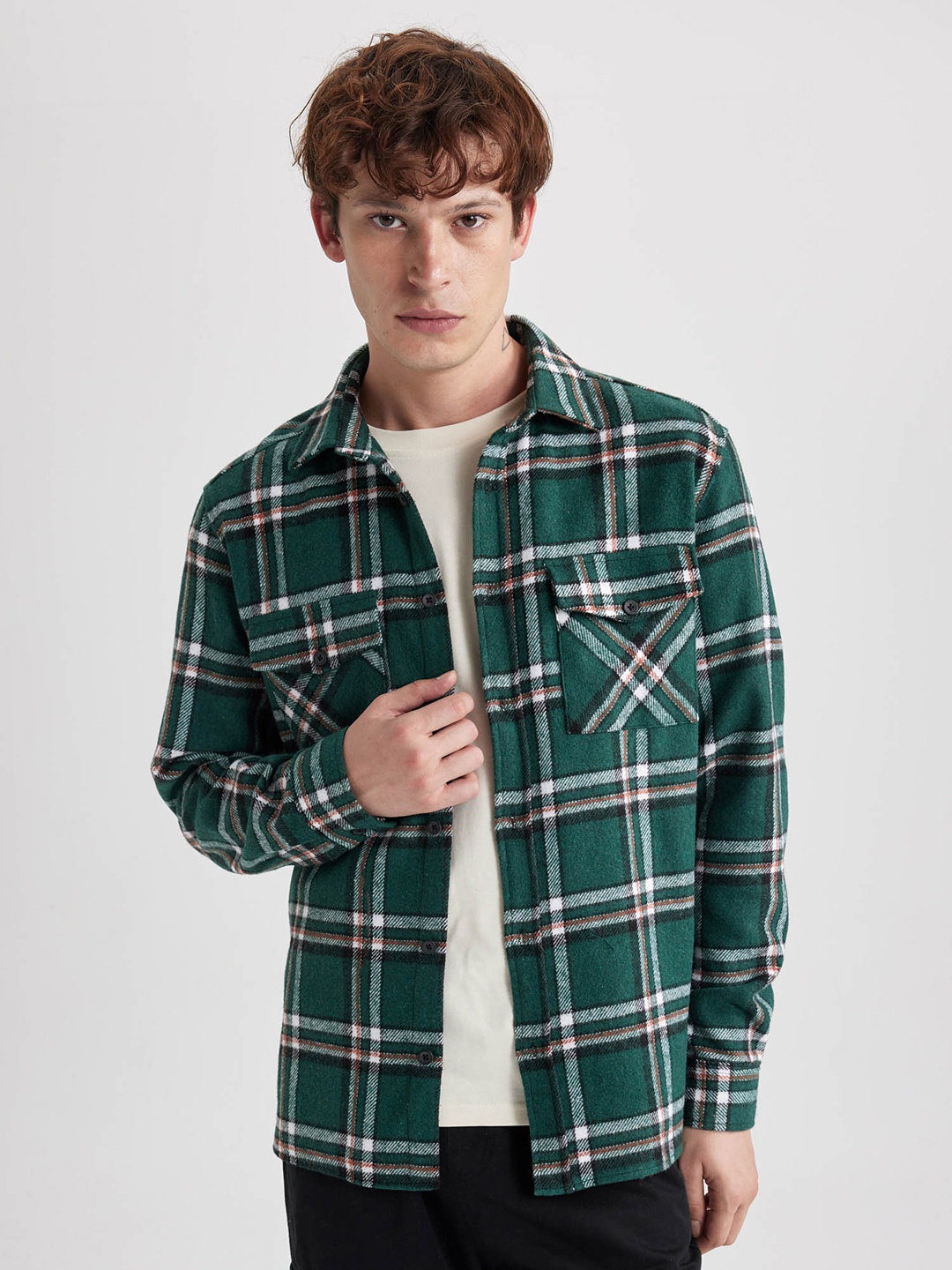 

DeFacto Tartan Checked Flap Pocket Detail Spread Collar Casual Shacket, Green