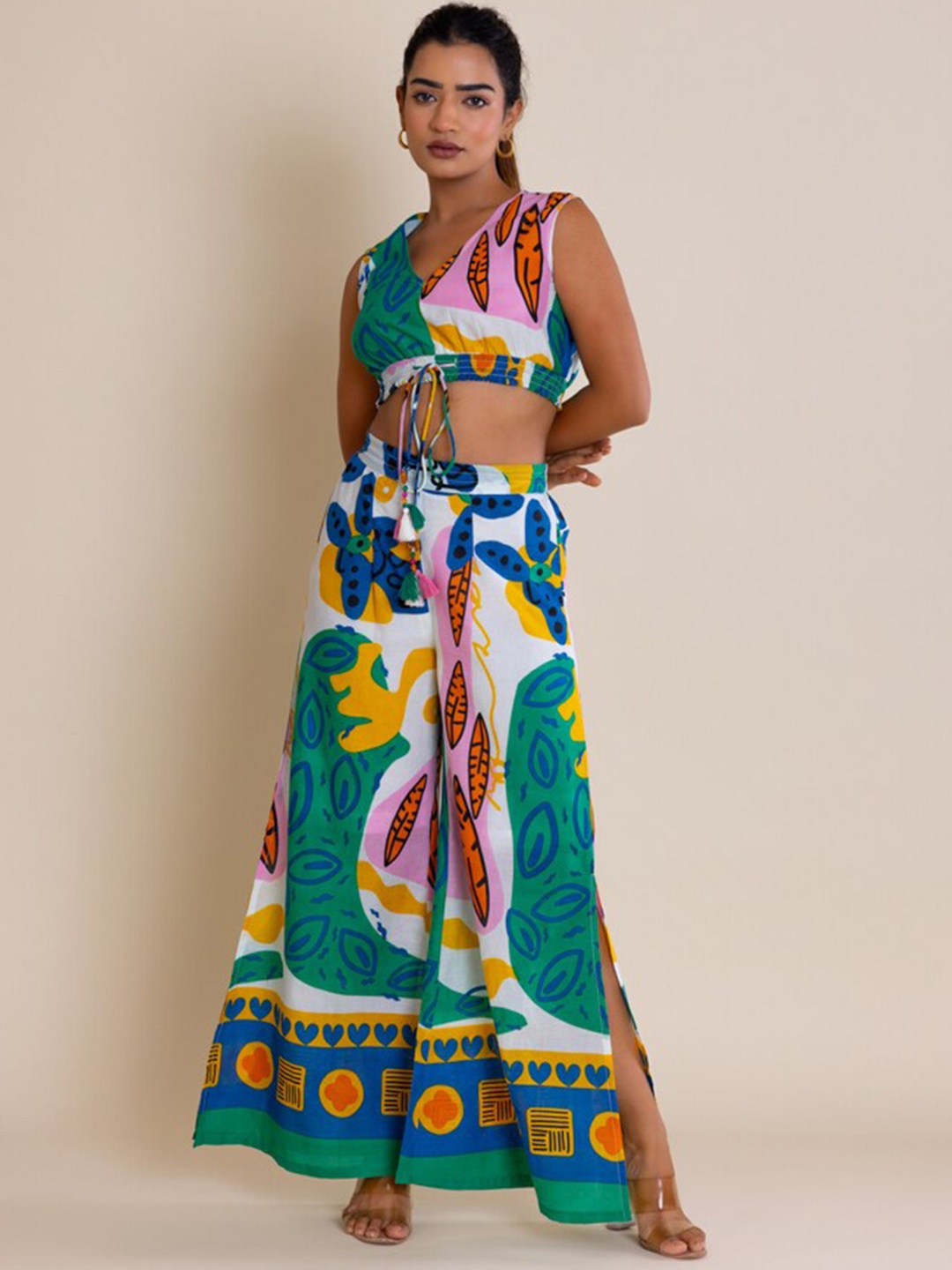 

Label Reyya Printed Pure Cotton Top With Palazzos Co-Ords, White
