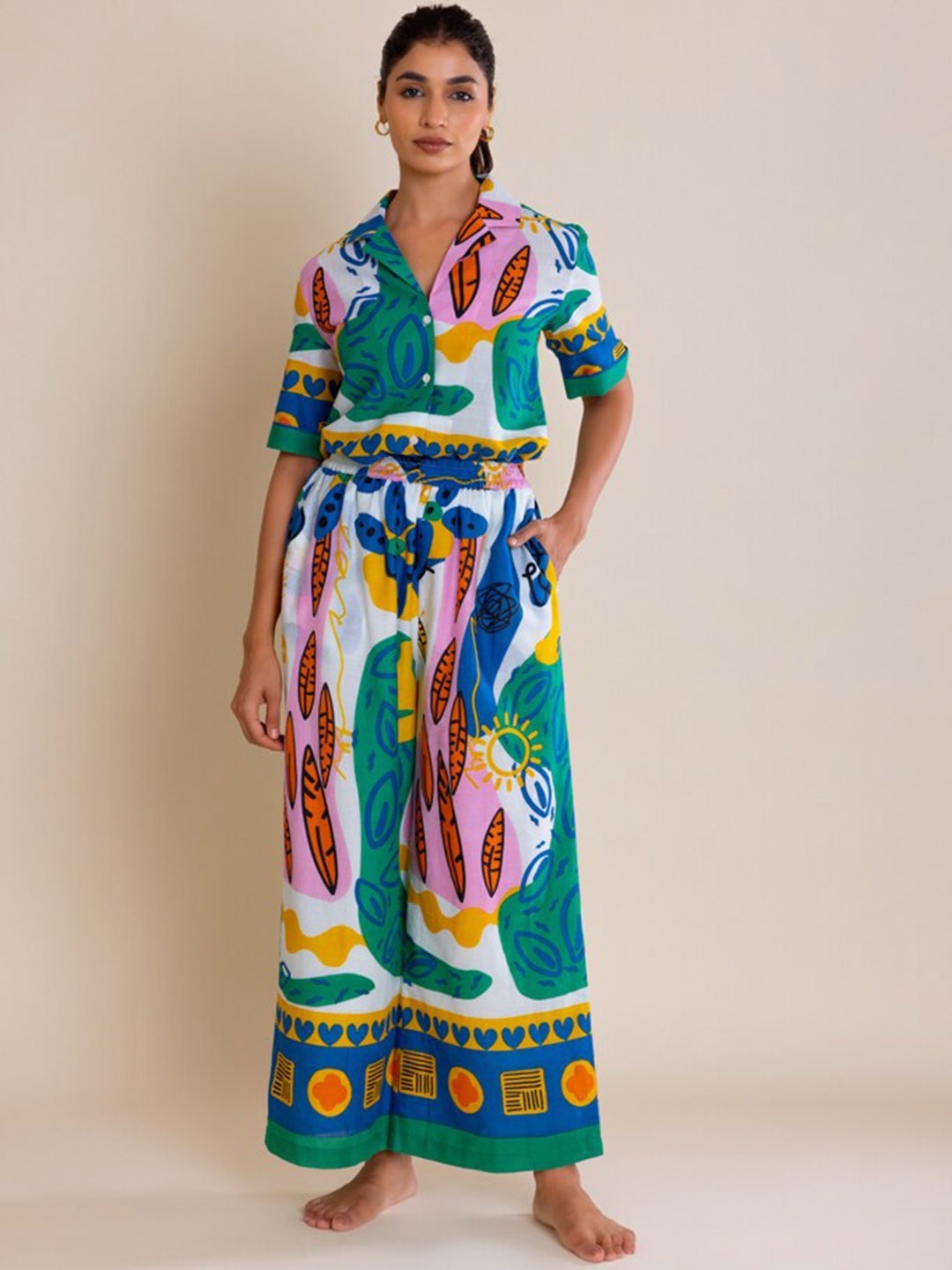 

Label Reyya Floral Printed Pure Cotton Shirt With Palazzos Co-Ords, White