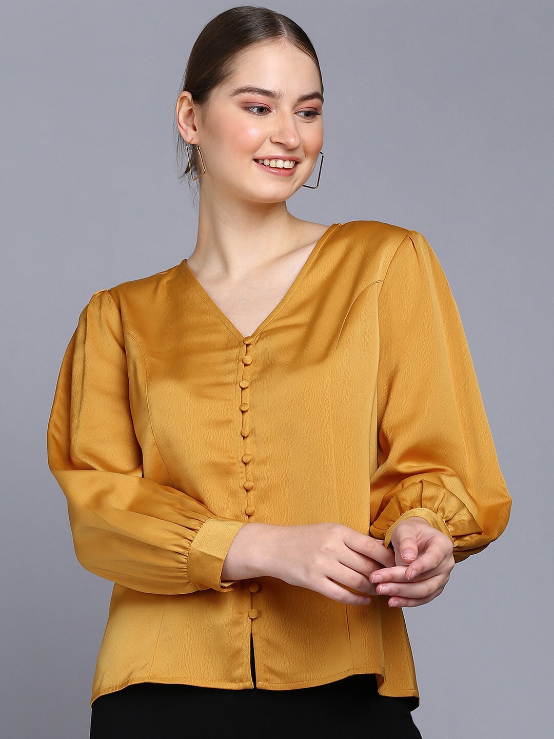 

Mast & Harbour Mustard Yellow V-Neck Puff Sleeve Top