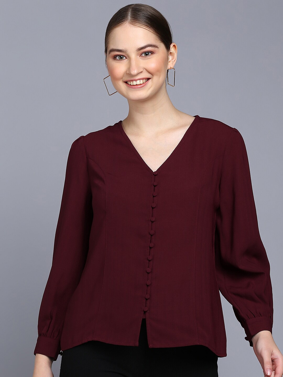 

Mast & Harbour Maroon V-Neck Puff Sleeve Top